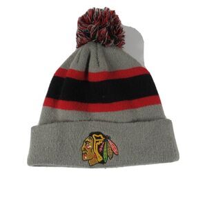 Chicago‎ Blackhawks Beanie Hat With Pom Pom Gray Red Black Fast Shipping